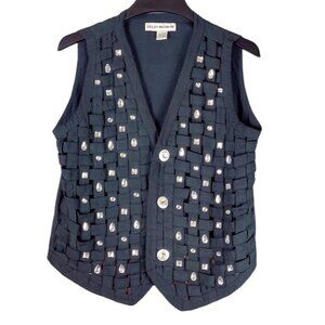 VTG Lattice Woven Vest Black Cotton Rhinestone Ellen Richman Y2K Boho Whimsygoth